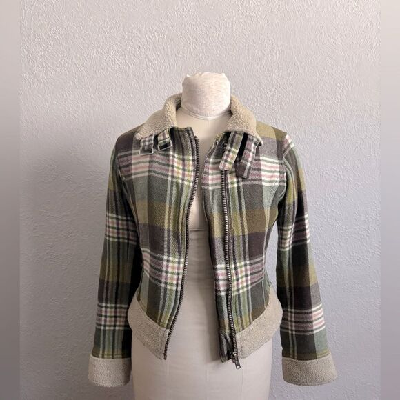 Free People Plaid Green & Brown zip up Jacket Size Small Petite - Picture 1 of 12